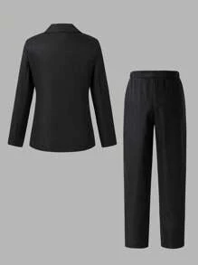 SHEIN مجموعة بدلة شبه الرسمية للفتيان،2 قطعة: معطف بأكمام طويلة مطبوع ذو ياقة + بنطلون، لباس رسمي أنيق مناسب لعيد الحب، حفلة عيد الميلاد، الحفل الرسمي، الزفاف، المعمودية، عيد الميلاد الأول - الأسود - مشاهدة 2