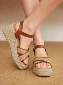 Styleloop Women High Platform Waterproof Peep Toe Strap Wedge Sandals - Khaki - View 10