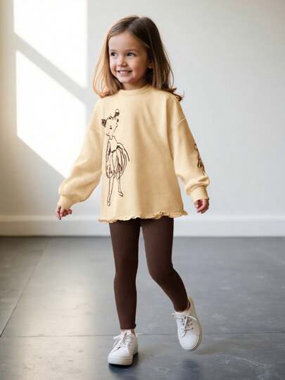 Maija Kids Maija Kids 2 件套：年轻女孩宽松休闲荷叶边饰边运动衫，搭配简单素描芭蕾舞女孩印花和弹力罗纹针织紧身裤，带荷叶边饰边，适合春季郊游、学校、活动