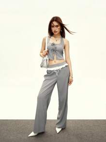 Rina Fox 2pcs/Set Commuter Gray & White Bowknot Halter Backless Top And Contrast Ruffled Waist Wide Leg Pants Set For Women - Grey - View 2