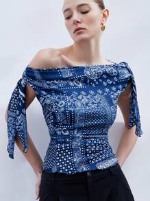 SHEIN Privé Women's Geometric Floral Print Color Block Asymmetrical Neck Bowknot Draped Ruched Waist Blouse, Commuting Style - Multicolor - View 5