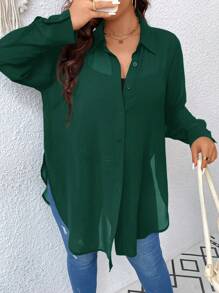 SHEIN LUNE Áo sơ mi đơn giản tay dài đơn hàng thường ngày cỡ lớn cho nữ - Màu xanh lá cây đậm - Xem 6