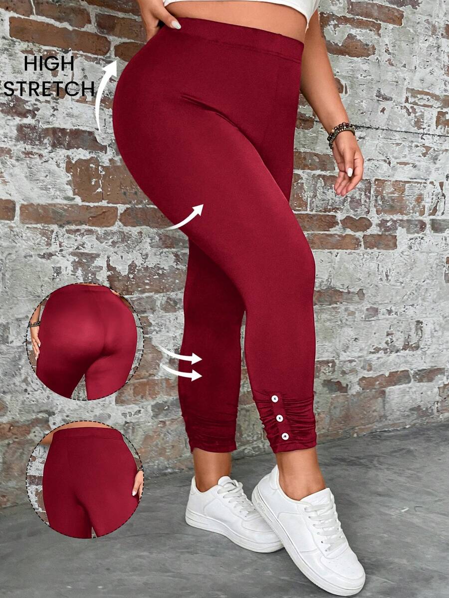 EMERY ROSE 大码女式高腰褶皱休闲紧身裤 - 酒紅色 - 查看 1