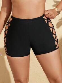 Swim Lushoire Plus Size Women's Solid Color High Waist Bikini Bottom, Sexy Criss Cross Strap Hollow Out Personalized Edging Bikini Bottom, Elegant Fashion Casual Beach Holiday Resort Swimwear For Summer Beach Vacation - Black - View 5