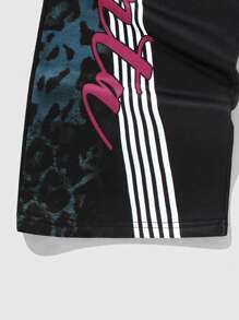ROMWE MEN Anime Pantalones de chándal sueltos con cordón en la cintura y estampado de letras y leopardo para hombre - Azul - Ver 3