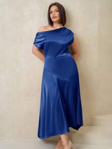 SHEIN Clasi Plus Size Women Spring Satin Asymmetric Ruffle Hem Elegant Dress,Formal Dresses For Women - Navy Blue - View 8