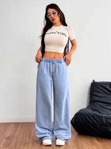 SHEIN PETITE Blue Women's Jeans Elastic Waistband Straight Wide-Leg Pants Summer Pants Versatile Jeans - Light Wash - View 4