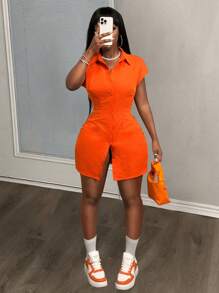 Slaydiva Summer Casual Shirt Collar Button Down Short Sleeve Fitted Mini Dress - Orange - View 6