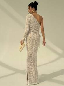 Aloruh Nuevo estilo de vestido elegante de manga larga asimétrica con hombros, decoración de encaje y mariposa, longitud extra larga hasta los tobillos, diseño romántico y sexy