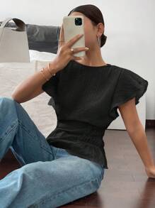 Siren Gaze 女士纯色荷叶边袖时尚收腰衬衫 - 黑色 - 查看 4