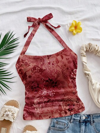 Soleia Women's Vintage Red Paisley Pattern Halter Neck White Slim Fit Camisole Tank Top, Suitable For Summer & Vacation