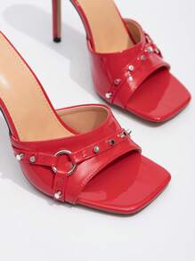 CUCCOO GRLICON 女士性感时尚铆钉装饰方头细高跟穆勒鞋，休闲百搭红色高跟凉鞋 - 紅色 - 查看 4