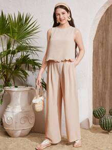 SHEIN Teen Girl Summer Apricot & Khaki Sleeveless Backless Bow Decor Loose Wide Leg Pants 2 Pieces Vacation Casual Outfits Set