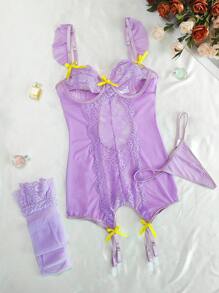 4pcs Purple Lace & Mesh Sexy Bowknot Lingerie Set With Underwire, Including Nightdress, G-String, Stockings