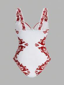 Swim Oasis BOHO Luxurious Palace Printed Exquisite Ruffled Sleeve Premium One-Piece Suit - Red and White - View 6