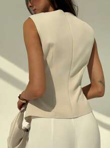 Aloruh Minimalist Crew Neck Sleeveless Ruched Waist Apricot Women Blouse For Commuting