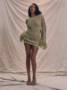 MUSERA Crochet Fitted Wide Trim Sleeve Mini Dress Holiday Boho Elegant Holiday Soft Serve Ibiza Beach Night Out Date Night Birthday Carvinal Spring Summer Vacation - Green - View 4