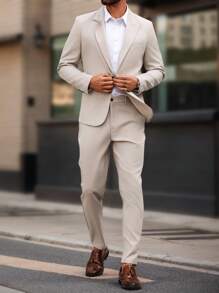 Manfinity Mode Conjunto de blazer y pantalones de color liso con cuello de solapa y manga larga para hombres de talla grande - Caqui - Ver 4