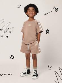 SUMWON Kids Matching Summer Sweatshirt Shorts Set Athletic Streetwear Two-Piece Outfit With Side Stripes Classic Sport Casual Everyday Playwear Essential - Brown - View 1