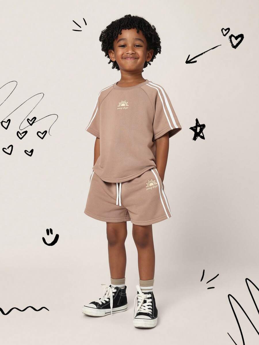 SUMWON Kids Matching Summer Sweatshirt Shorts Set Athletic Streetwear Two-Piece Outfit With Side Stripes Classic Sport Casual Everyday Playwear Essential - Brown - View 1