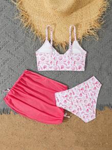 SHEIN 3pcs/Set Tween Girl Printed Tankini Swimwear - Hot Pink - View 2