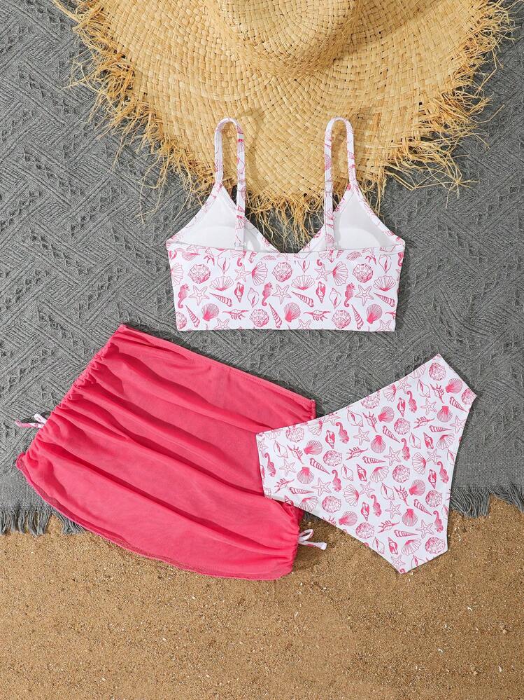 SHEIN Set de 3 piezas Traje de baño tipo tankini con estampado para niña preadolescente - Rosa Fucsia - Añade 2