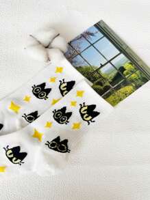 NEKONEKO 1 Pair Adorable Cat Print White Women Mid-Calf Socks