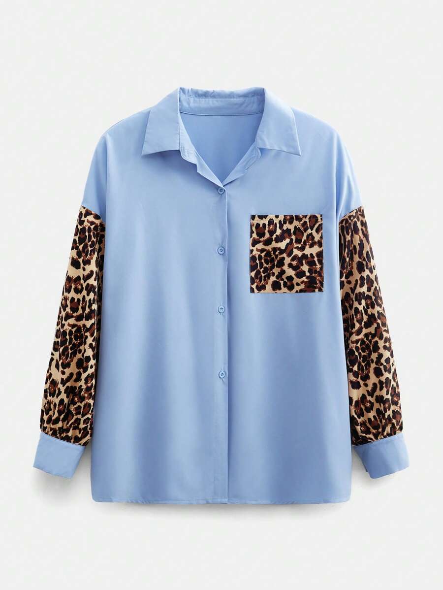 SHEIN EZwear Plus Size Blue Leopard Print Panel Shirt, Spring/Summer - Multicolor - View 1