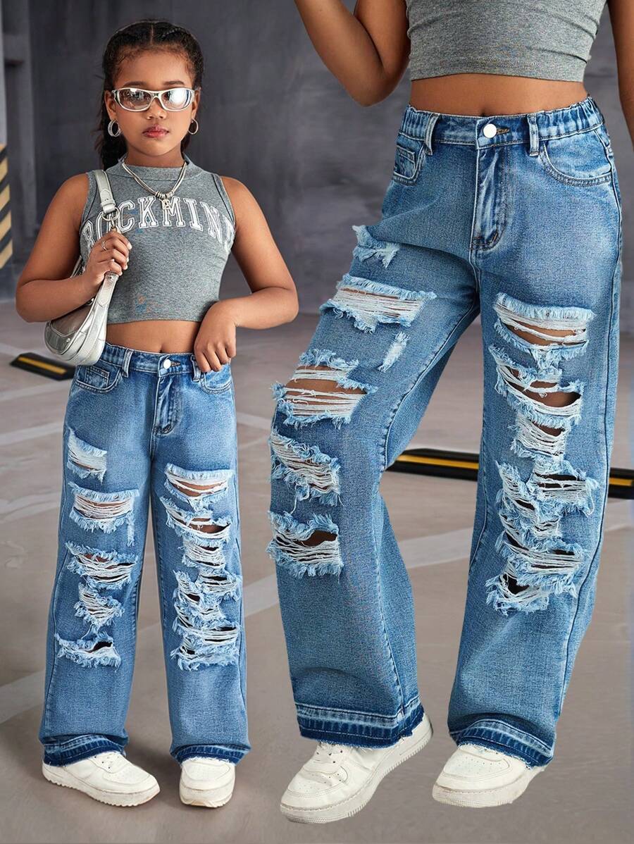 Tween Girls Street Style Distressed Loose Straight Wide-Leg Jeans - Medium Wash - View 1