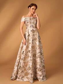 Serin Elegant And Luxurious Champagne Gold Jacquard Satin One-Shoulder Pleated Large A-Line Suitable For Dinner Bachelorette Party Dance Music Festival Holiday Wedding Event Dinner Dress Bride Mother Dress - Champagne - View 5