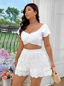 SHEIN Clasi Plus Size Lace Trim Hollow Out Vacation Shorts - White - View 7
