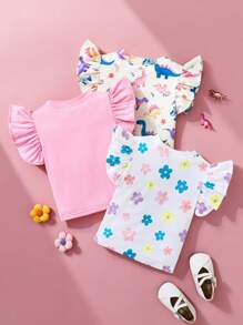 SHEIN 3件套女婴休闲日常百搭可爱彩色恐龙和花朵印花图案组合短袖上衣，柔软舒适的针织面料，适合6个月至3岁的宝宝，是日常穿着和户外活动的理想之选。 - 彩色 - 查看 2