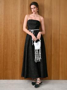 SHEIN Unity Women Bandeau Woven Jacquard Dress Dinner Black Summer Elegant - Black - View 2