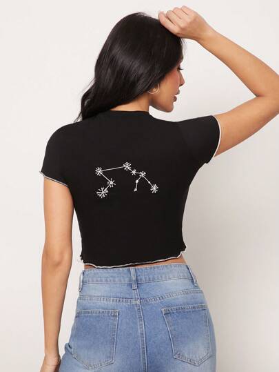 SHEIN Unity 顶级水瓶座刺绣星座日常休闲街头服饰生菜下摆生日礼物棉质服装女士T恤