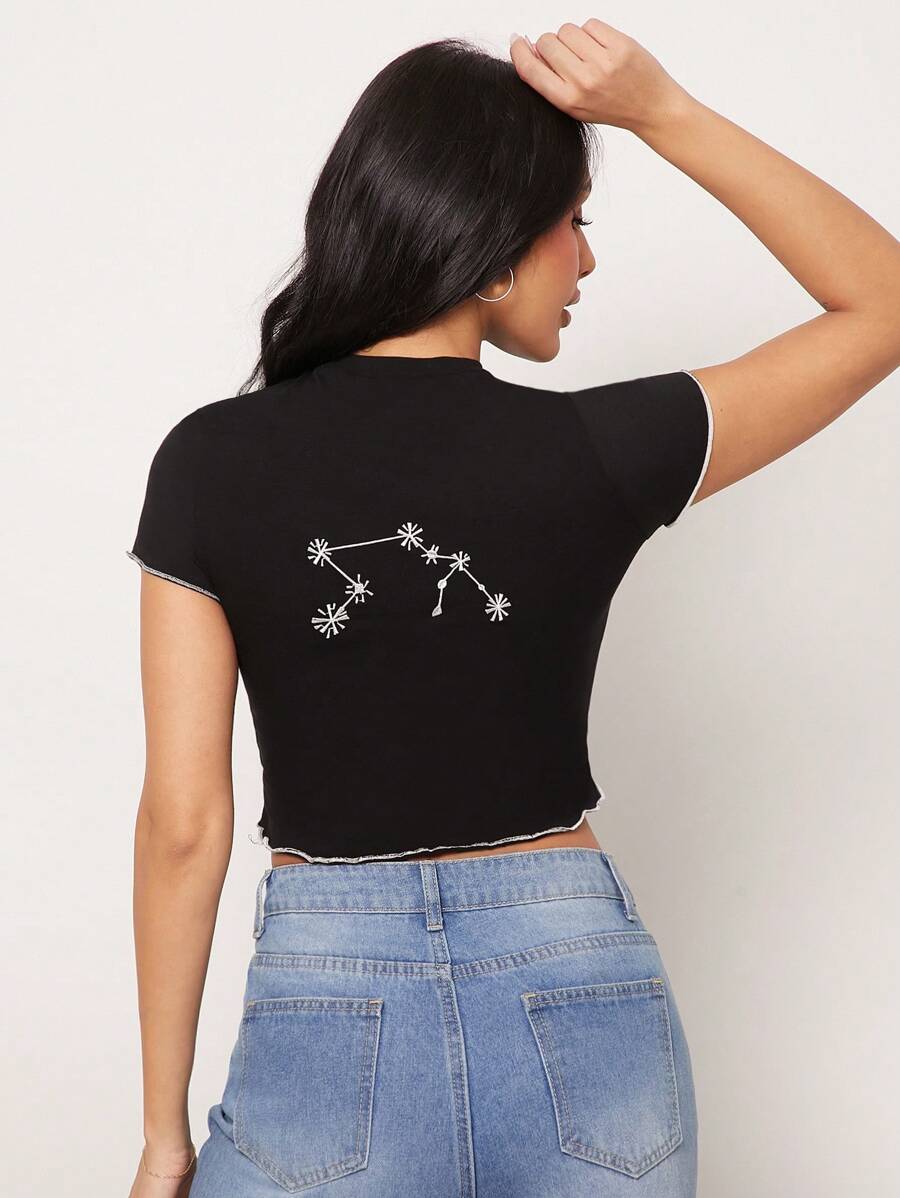 SHEIN Unity Top Aquarius Embroidered Astrology Star Sign Everyday Casual Streetwear Lettuce Hem Birthday Gift Cotton Thanksgiving Christmas NYE New Years Eve Outfits For Women T Shirt - Black - View 1