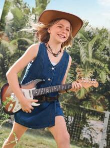 SHEIN Y2K 风格少女合身牛仔短款上衣和裙子套装，百搭休闲设计适合日常穿着 - 中等水洗藍 - 查看 3