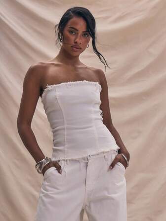 MUSERA Distressed Bandeau Cinched Waist Denim Top Spring Summer Cute Boho Holiday Soft Serve Ibiza Concert Streetwear Night Date Casual
