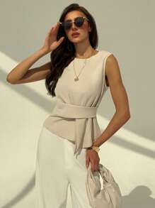 Aloruh Minimalist Crew Neck Sleeveless Ruched Waist Apricot Women Blouse For Commuting