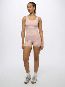 SUMWON WOMEN Athletic Performance Workout Romper With Racer Back Design, Compression Support Fitness Training One Piece Jumpsuit, Moisture-Wicking Exercise Bodysuit For Yoga Pilates Running - Pink - View 3