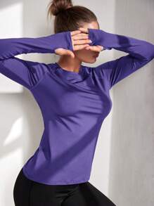 Activina 1 件纯色休闲简约长袖运动 T 恤，适合夏季 - 紫色 - 查看 1