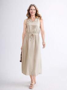 SHEIN LUNE Spring/Summer Casual Solid O-Neck Sleeveless Elasticated Waist Long Dress For Women - Khaki - View 1