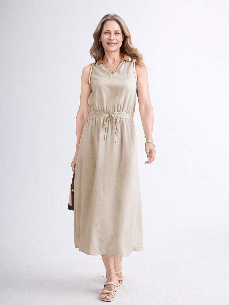 Spring/Summer Casual Solid O-Neck Sleeveless Elasticated Waist Long Dress For Women