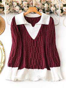 SHEIN LUNE Suéter de punto de manga larga con bloques de color para mujer talla grande, jersey de punto para otoño e invierno - Burdeos - Ver 1