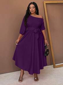 Maweii Vestido largo con cinturón y cuello asimétrico de línea A para mujer de talla grande - Morado - Ver 5