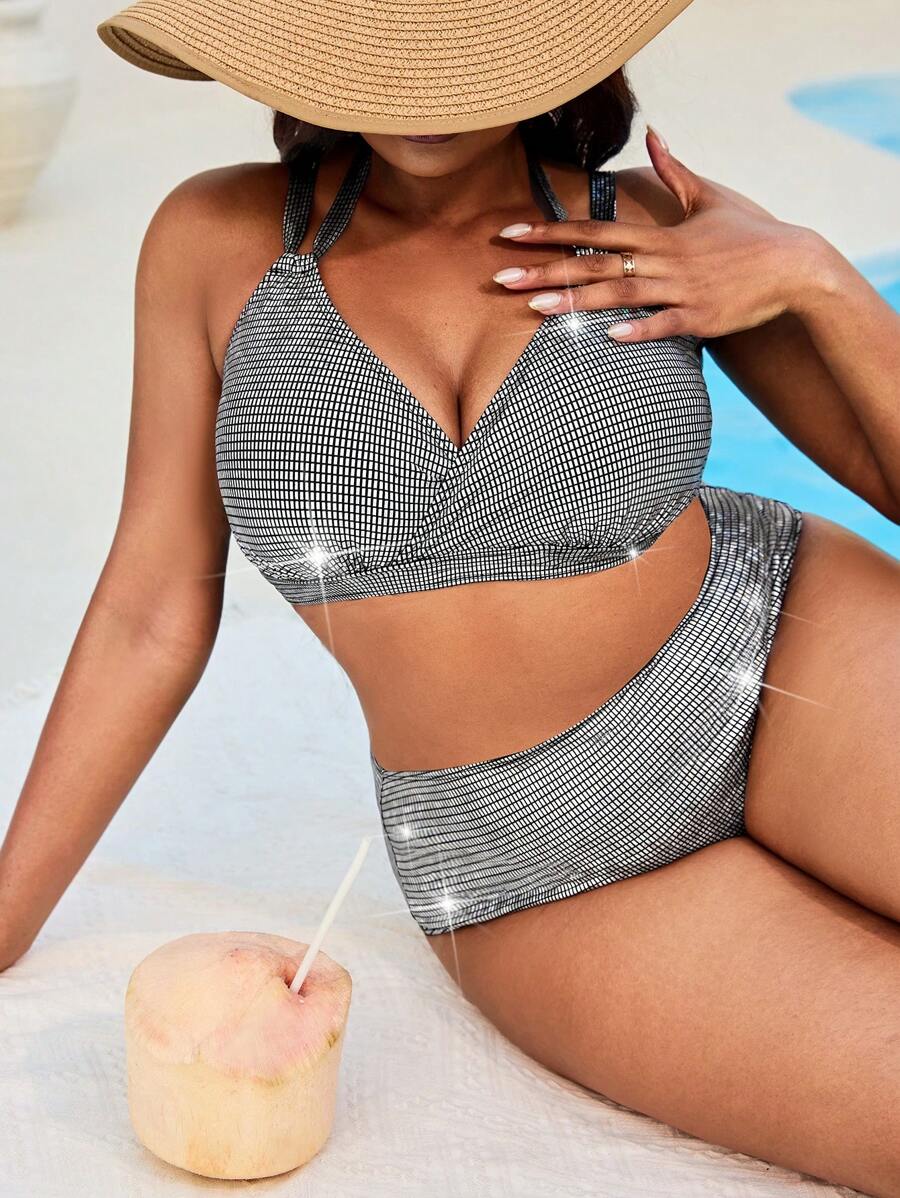 Swim EVENT Plus Size Women 2pcs Glitter Sequin Strap Sexy Bikini Swimwear Set For Summer Beach Vacation - Silver - View 1