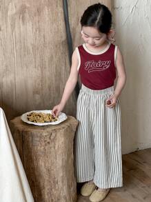 Dazy Kids 年轻女孩休闲针织印花吊带背心 + 条纹裤家居服，春夏 - 紅色 - 查看 1