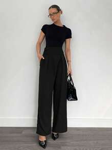 Siren Gaze Dunkelgraue, hochgeschnittene, weite Hose mit hoher Taille, schlankmachenede Business-Hose für Damen