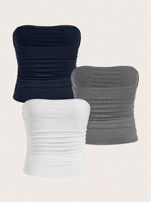 Calvaya Plus Size Women Solid Color Ruched Bustier Crop Top, Fitted Fashion Top - Multicolor - View 2