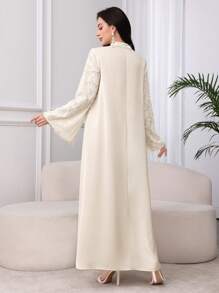 Al Najma 勃艮第红色女士 V 领喇叭袖仿珍珠装饰优雅阿拉伯连衣裙，优雅朴素的华丽束腰外衣阿拉伯连衣裙，适合晚会/休闲日常 - 香檳色 - 查看 6