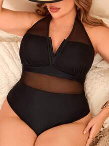 SHEIN Swim Curve 大码女式连体纯色吊带系带网眼拼接海滩度假比基尼泳装 - 黑色 - 查看 5